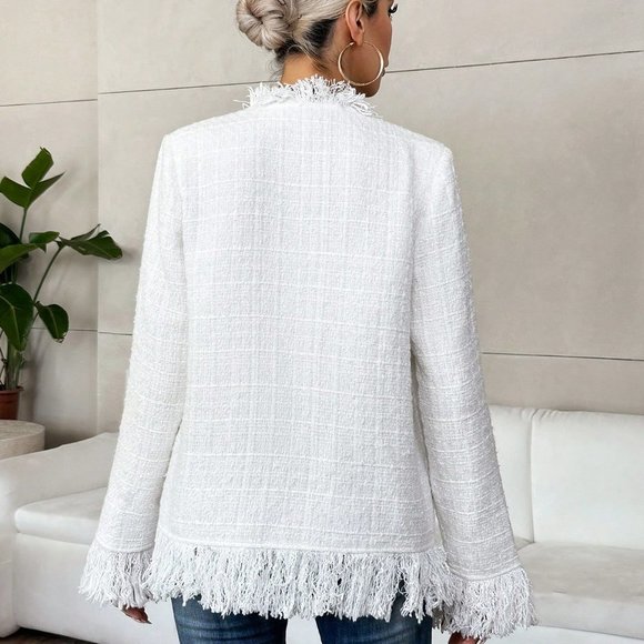 White Casual Womens Raw Trimmed Flap Detail Tweed Overcoat - Picture 2 of 6